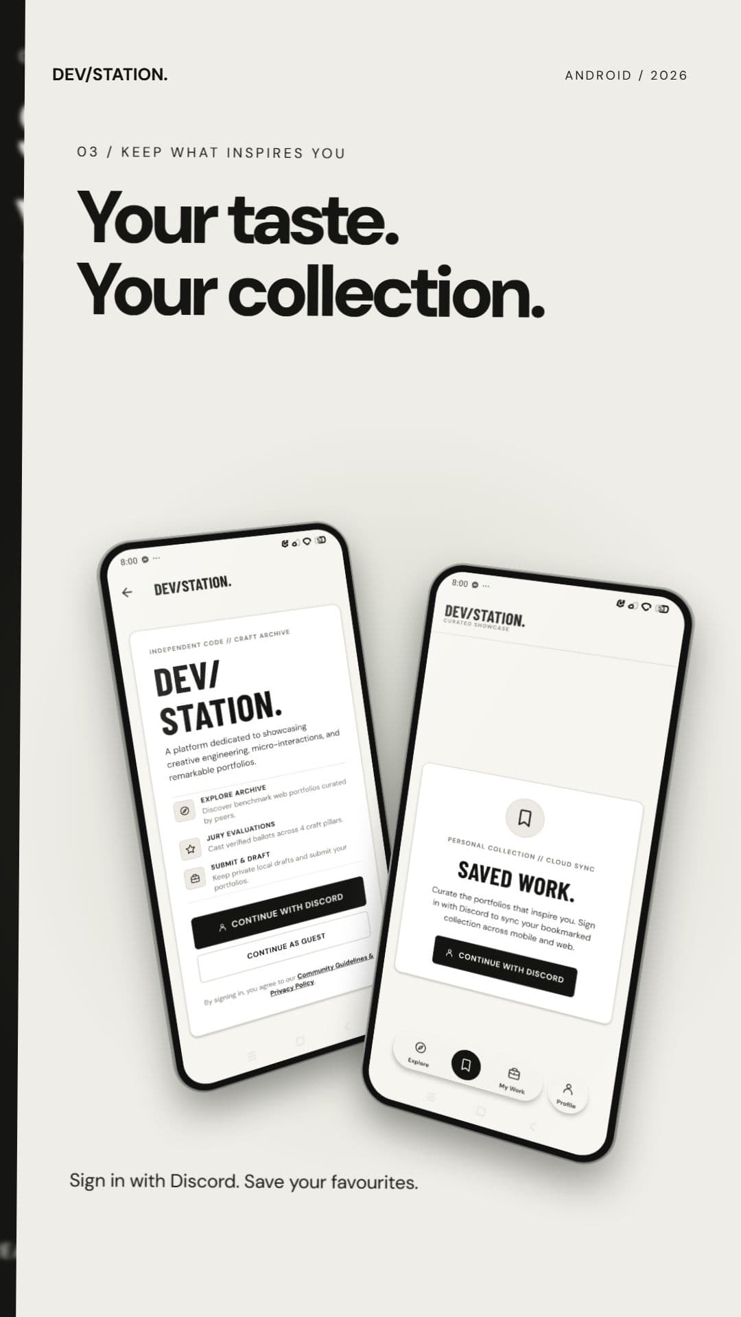 DEV/STATION Android — 03 Discord Auth & Saved Work Collections
