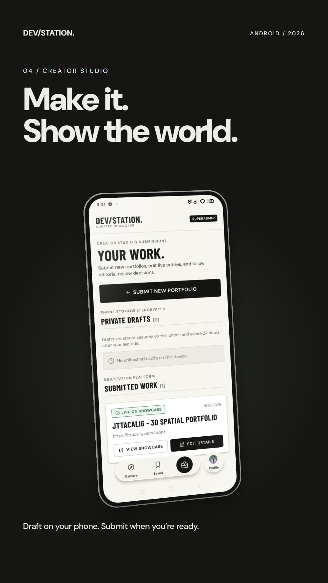 DEV/STATION Android — 04 Creator Studio & Encrypted Drafts